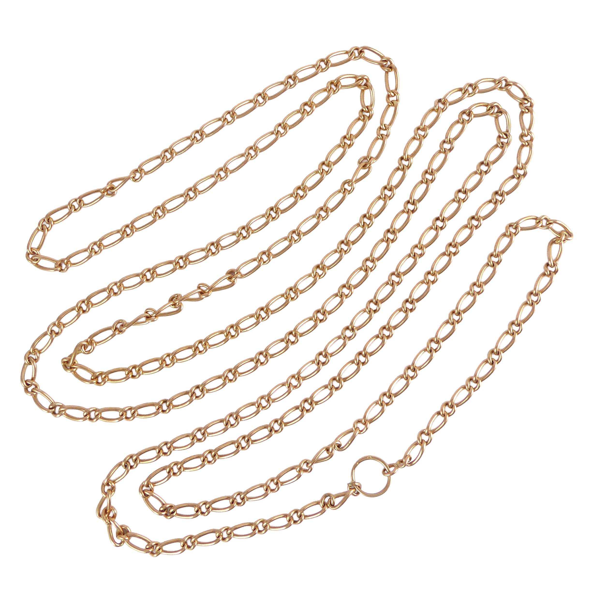 Antique 18ct gold curblink long chain necklace, c.1890, in rose colour gold alternating longer and shorter links,